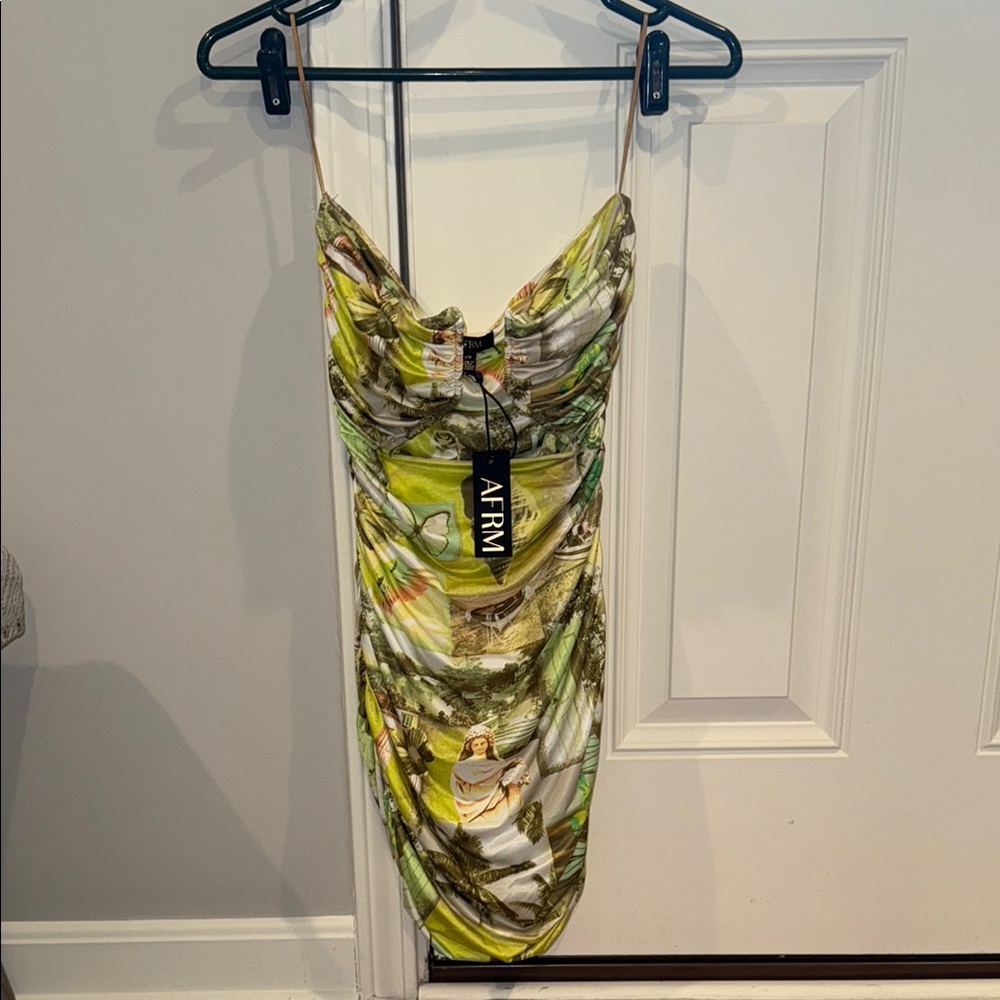 NWT:  AFRM Yellow and Green Ruched Bodycon Dress